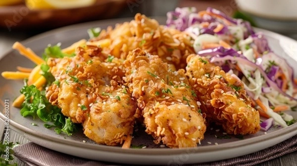 Fototapeta Delicious a plate of fried chicken cutlets with coleslaw and a lemon slice, on the side is mustard sauce in a small bowl.