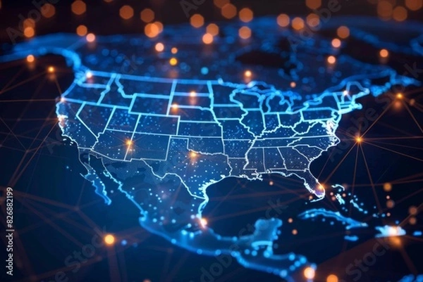 Fototapeta Digital map of america network connectivity created with generative ai
