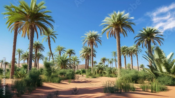 Fototapeta Lush green oasis surrounded by arid desert landscape