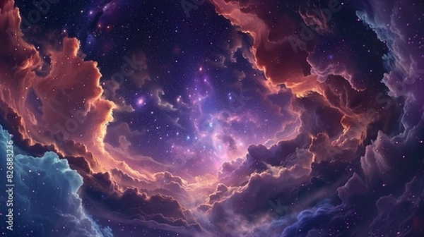 Fototapeta A stunning, starry night sky unfolds like a canvas, with swirling clouds of gas and dust forming a vibrant, three-dimensional landscape.