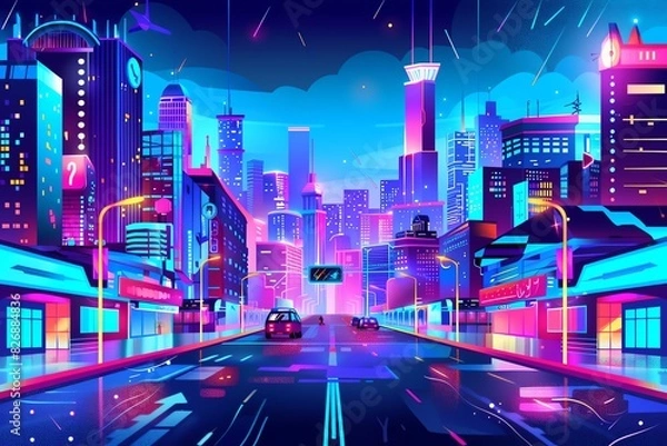 Obraz Citypop style flat design front view neon theme cartoon drawing vivid