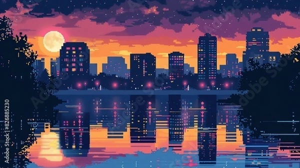 Fototapeta Citypop style flat design front view nightlife theme water color Complementary Color Scheme