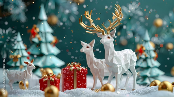 Fototapeta Low poly 3D image of happy new year, christmas winter festive composition. colorful christmas background vector illustration