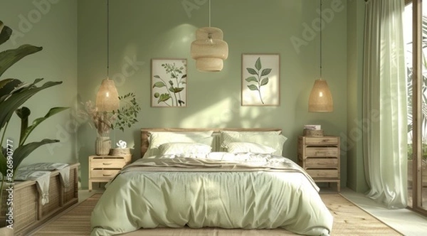 Fototapeta A serene green bedroom interior with soft sage green walls, a botanical print accent wall, and natural wood furniture