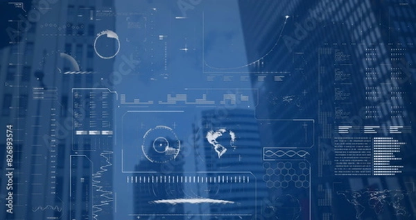 Fototapeta Image of interface with data processing against low angle view of tall buildings