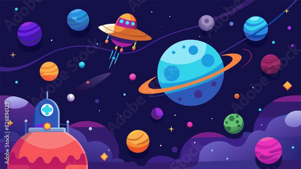 Obraz A game where players navigate a virtual spaceship through the galaxy learning about constellations and planets along the way.. Vector illustration