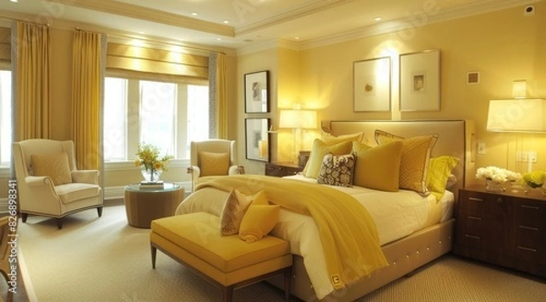 Obraz An elegant modern bedroom featuring soft yellow walls, modern furnishings, and subtle yellow accents for a warm and inviting feel