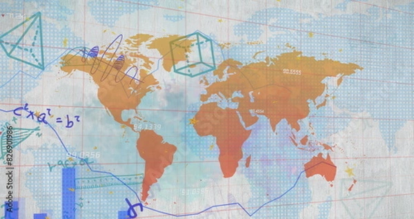 Obraz Image of graph, mathematical equation and diagrams with map over white background