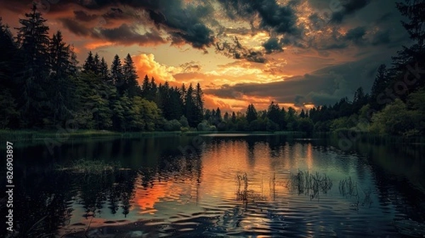 Obraz forest with a lake wallpaper. landscape lake forest with fog wallpaper. landscape forest with lake and fog. landscape with a lake and mountains. landscape of mountain lake and forest.