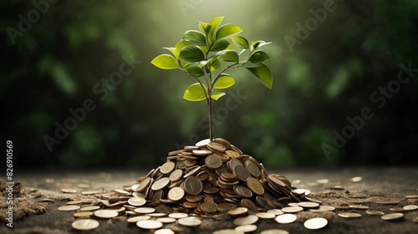 Fototapeta A tree representing growth and wealth with roots in the forest and garden, symbolizing financial success and investment