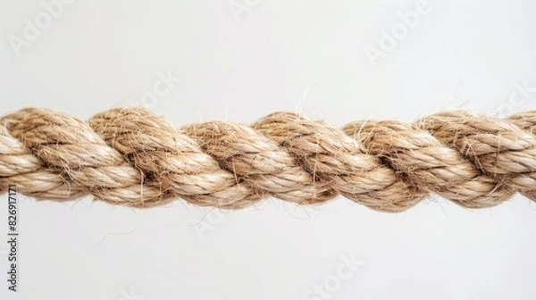 Fototapeta White background showcasing a lengthy ancient rope crafted from natural material