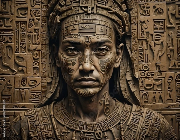 Fototapeta illustration of ancient Egyptian model with hieroglyphs in relief, stylized portrait of Egyptian princes from ancient Egypt
