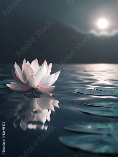 Fototapeta Lotus Blossom Floating in Serene Moonlit Pond Digital 3D Rendering