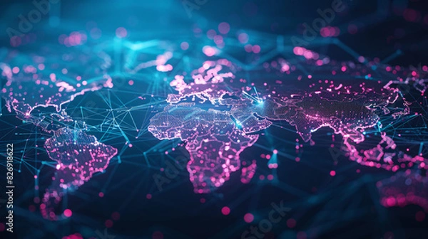 Obraz A conceptual image of a networked world map with interconnected data points and digital elements, illustrating digital transformation and the next technology era, with space for text.