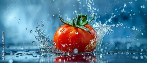 Fototapeta Tomato and water splash. captured with highspeed photography as they break through the waters surface.