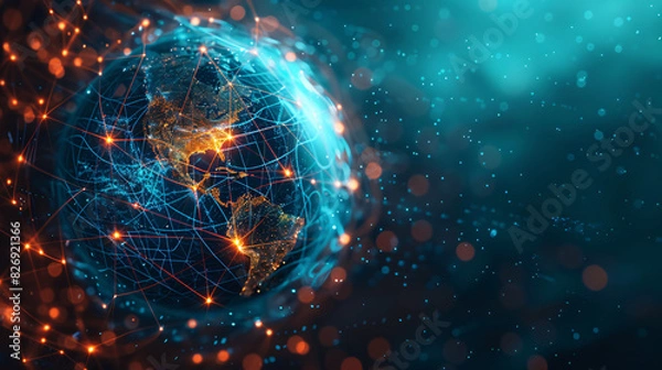 Obraz A digital globe with networked connections and data streams, symbolizing global digital transformation, with space for your text.