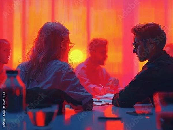 Fototapeta Group of business professionals collaborating around a conference table in a modern workspace with red ambient lighting.