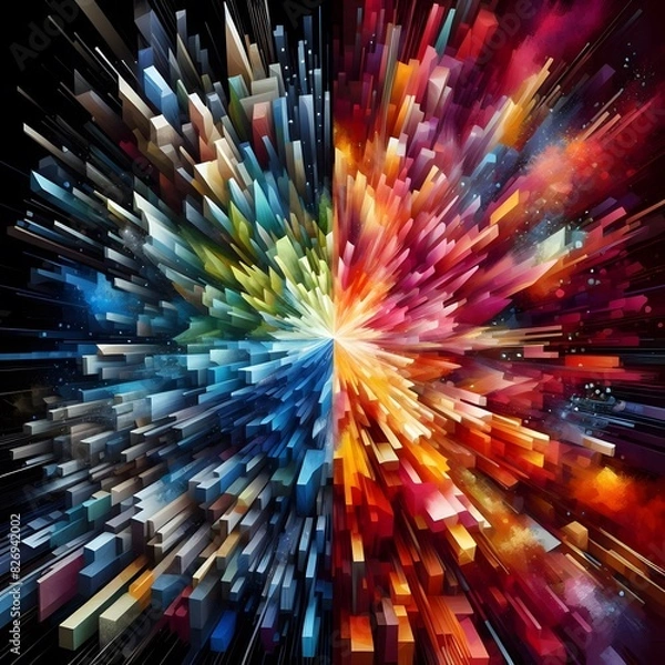 Fototapeta A dynamic and abstract explosion of geometric shapes, with a central point of vibrant color contrast that radiates outwards into cooler tones generated by ai