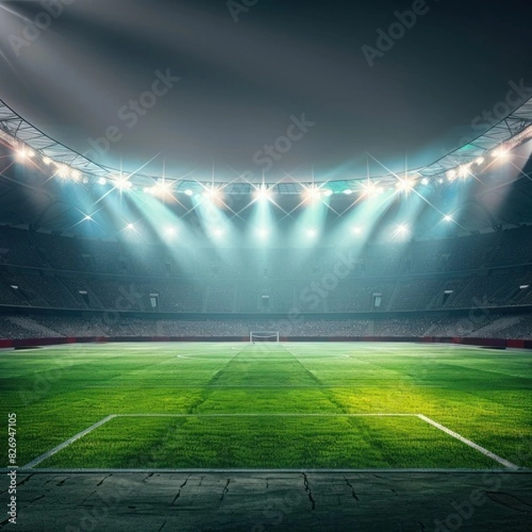 Fototapeta Realistic stadium with floodlights shining on the green grass in the middle of the football field, the bench background is blurry and dark, cinematic dramatic effect of smoke haze