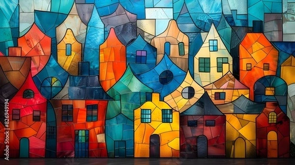 Fototapeta Whimsical Cubism: Cubic Art of Colorful Whimsical Houses, Capturing Playful Design and Vibrant Urban Fantasy