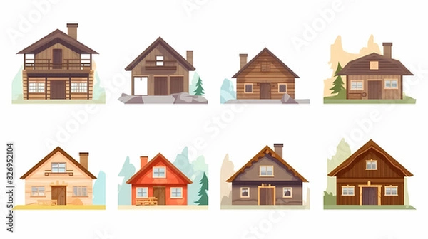 Fototapeta Cabins, wooden houses in forest, mountain village or camp. Small log cottages, huts with chimney, porch and stairs isolated on white background