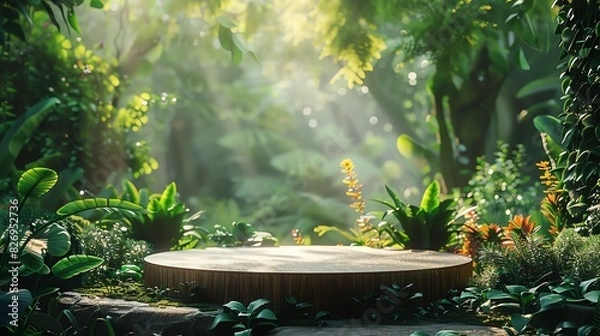 Obraz Wooden podium in a lush green forest with sunlight filtering through the leaves.