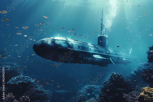 Fototapeta A submarine exploring the depths of the ocean, encountering strange marine life.