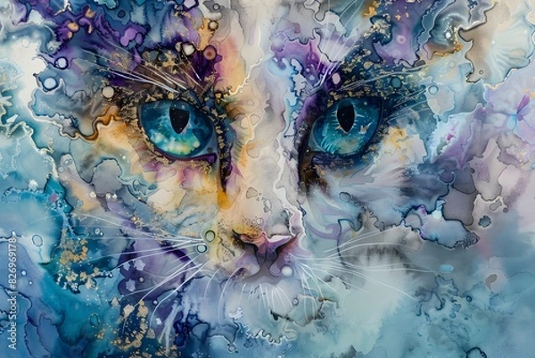 Fototapeta double exposure cat with colorful watercolor 