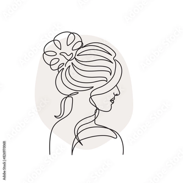 Fototapeta Hairstyle beauty salon silhouette. Abstract line drawing portrait. Female modern minimalist outline artwork isolated white background. Feminine logotype artwork.