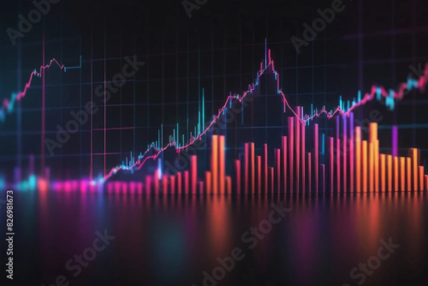 Fototapeta Stock market 3D graph rising up with digital globe background. Global Stock market futuristic graph design concept. Cryptocurrency background. AI generated
