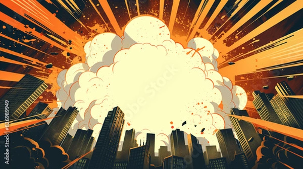 Fototapeta City in comic book style with explosion in the city with white speech bubble in center of frame