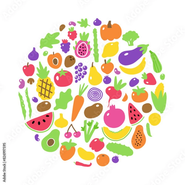 Fototapeta A round, vector illustration from a collection of vegetables and fruits, hand-drawn in a doodle style.