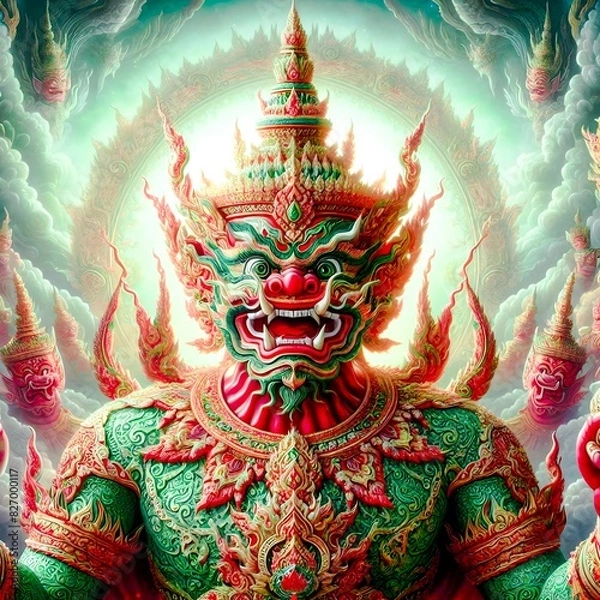 Fototapeta Thai-style giant image of Thao Wesuwan wearing sacred robes. Expressing ferocity and fearsomeness The background should be reminiscent of the heavenly kingdom. It adds to the essence of the mythical s