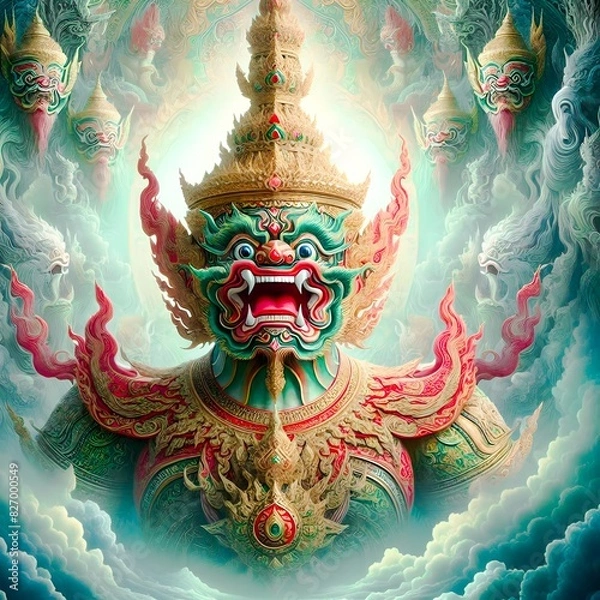 Fototapeta Thai-style giant image of Thao Wesuwan wearing sacred robes. Expressing ferocity and fearsomeness The background should be reminiscent of the heavenly kingdom. It adds to the essence of the mythical s