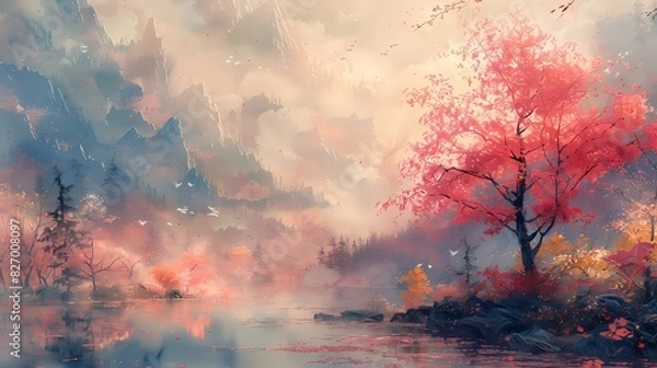 Fototapeta peaceful orchard with trees bathed in soft liquid hues