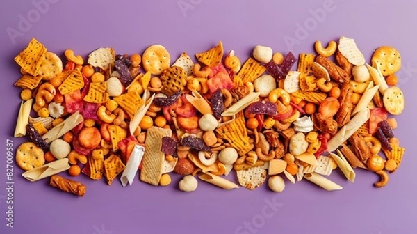 Obraz Colorful assortment of various snack foods on a purple background, including nuts, pretzels, and dried fruits. Perfect for food-related projects.