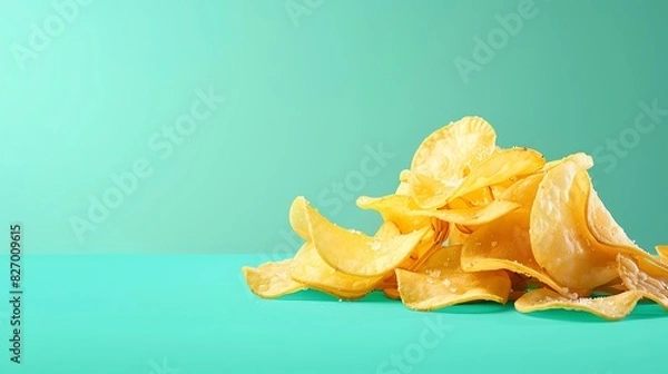 Obraz Crispy golden potato chips on a vibrant green background, perfect for snack food concepts and advertisements.