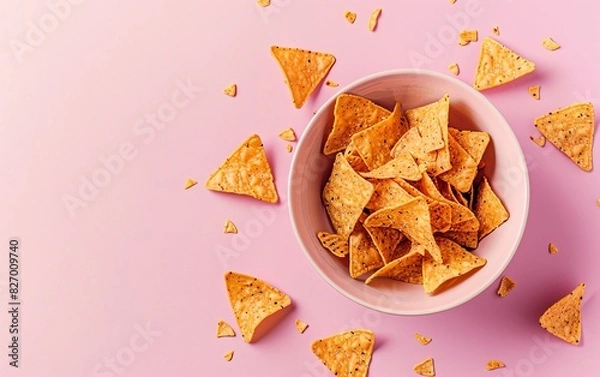 Obraz Tasty nacho chips in a white bowl on a pink background. Perfect for snack time, parties, or a fun treat. High-quality food photography.