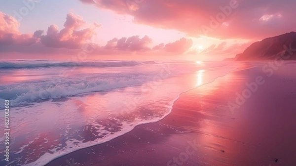 Fototapeta serene beach scene at dawn, where the sky and sea are tinted with soft fluffy hues of peach and lilac