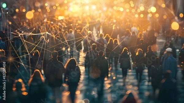 Fototapeta The view of a crowd with a network of connections highlights the integration of big data and smart city technologies, showcasing the potential of a fully connected