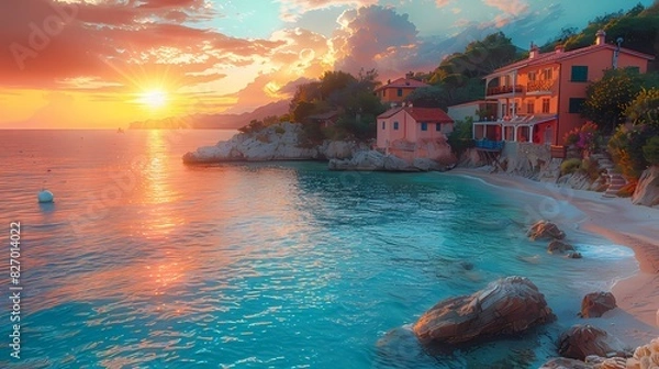 Fototapeta serene coastal town undersky of soft liquid hues