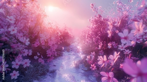 Fototapeta serene garden at dusk, where the sky is painted in soft fluffy hues of peach and lavender