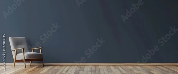 Fototapeta Modern interior with gray wall and wooden floor, empty room mock up with armchair on the left side of the frame ai generative
