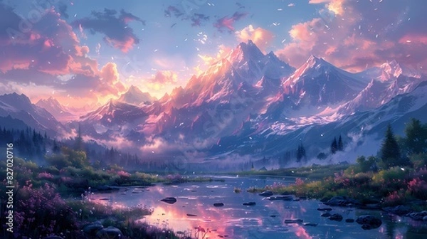 Fototapeta serene mountain landscape at dawn, where the sky and peaks are in soft fluffy hues of pink and blue
