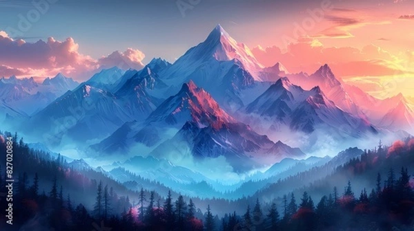 Fototapeta serene mountain landscape at dawn, where the sky and peaks are in soft fluffy hues of pink and blue