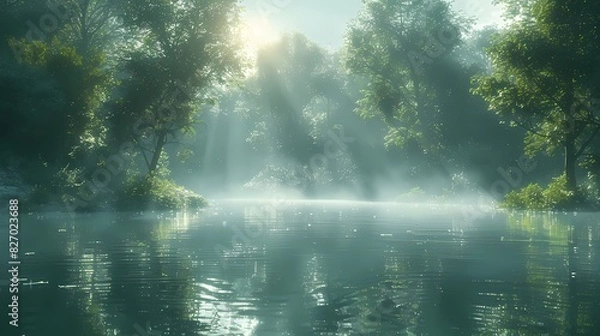 Fototapeta serene riverside with trees and water in soft liquid hues