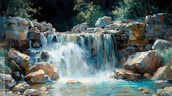 Fototapeta serene waterfall cascading through rocks in soft liquid hues