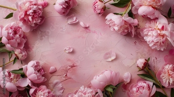 Fototapeta A beautiful floral frame made of colorful blossoms arranged on a solid surface, offering a romantic and whimsical backdrop for wedding invitations, greeting cards, and other design projects.