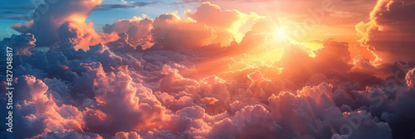 Fototapeta Stunning sunset above clouds with vibrant colors, breathtaking view of the sky painted with warm hues of orange, pink, and gold, capturing the beauty of nature in a heavenly scene
