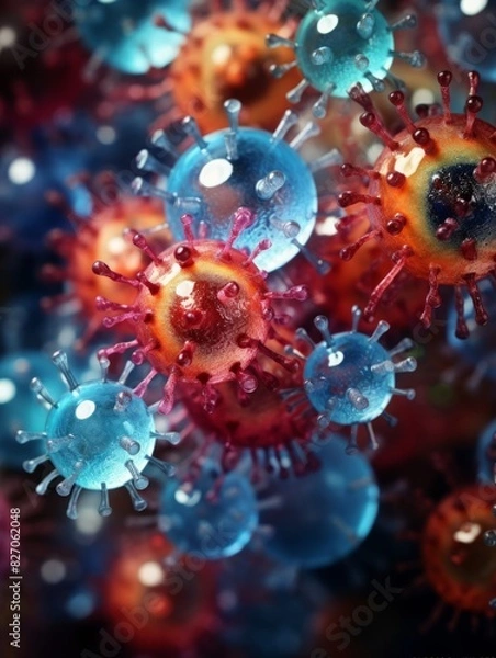 Fototapeta different viruses, a group of balls with spikes like coronavirus. pandemic background, a viral infection.